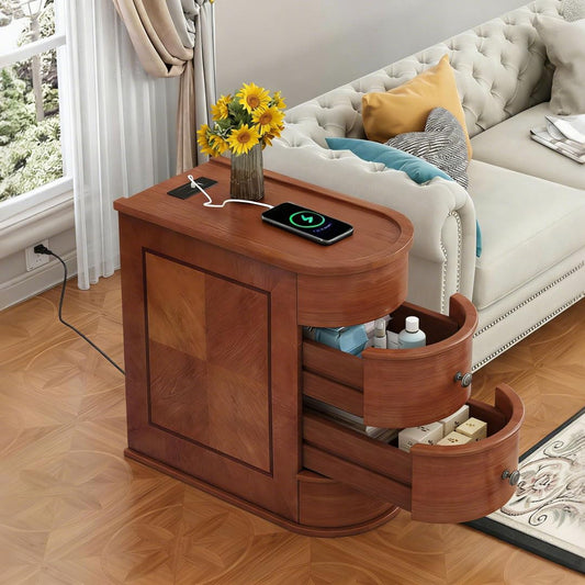 FAVSH Narrow End Table with Charging Station, Brown