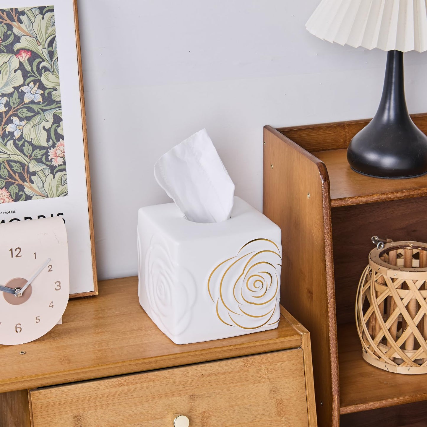 White Ceramic Cube Tissue Box Cover with Gold Rose – Large Elegant Rose Floral Square Decorative Tissue Box Holder for Bathroom, Bedroom, Office Desk, Kitchen Counter – Perfect Housewarming Gift
