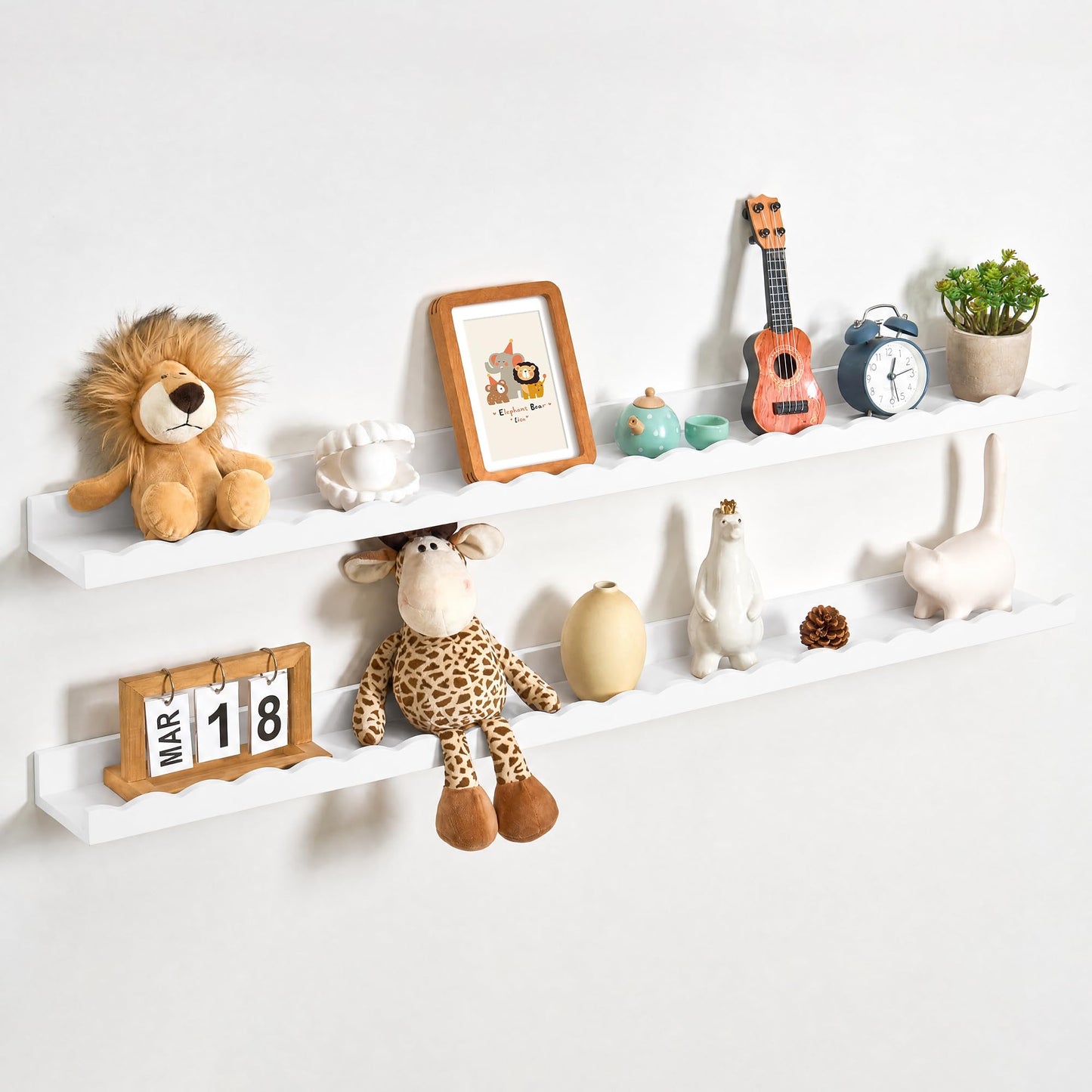 Fun Memories Picture Ledge Shelf for Wall, 48 inch Pine Wood Nursery Book Shelves Set of 2- Wall Book Shelves for Kids Room, Home Decor - Kitchen Spice-White