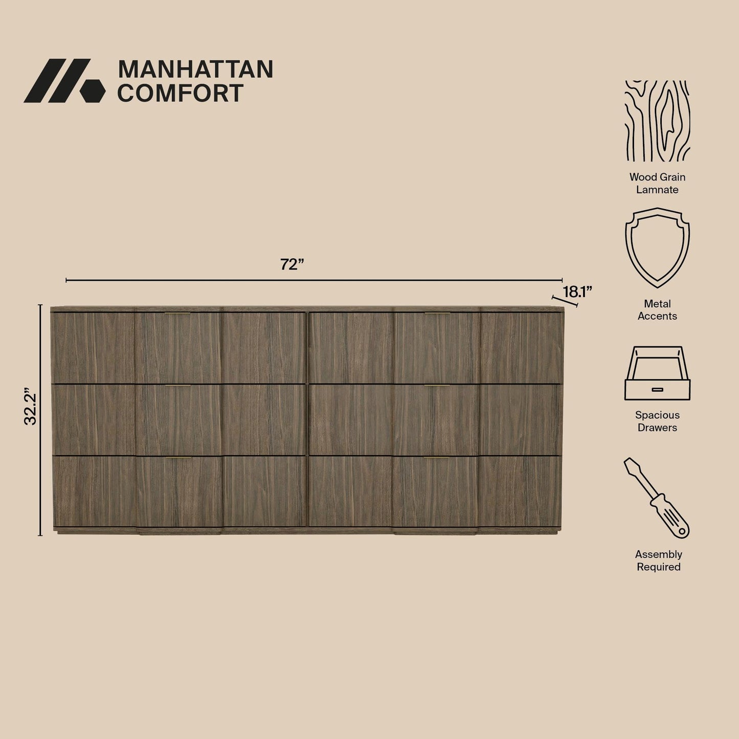Manhattan Comfort Clive 72” Modern 6 Drawer Dresser, Wide Chest of Drawers with Sculpted Fluted Front & Accent Recessed Handles, Doubles as 70” TV Stand, Walnut Brown and Gold