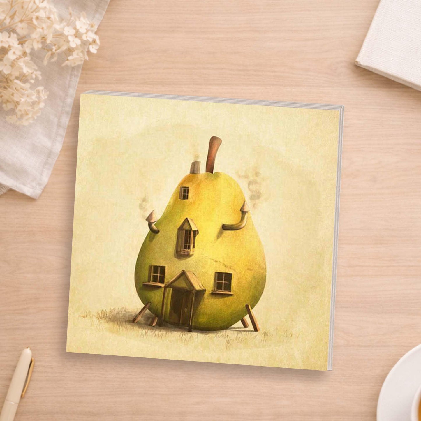 Whimsical Pear House Wooden Block Sign, Fantasy Art Wood Decor, Storybook Style Shelf Sitter, Home Table Mantel Tiered Tray Accent Gift for Living Room Office