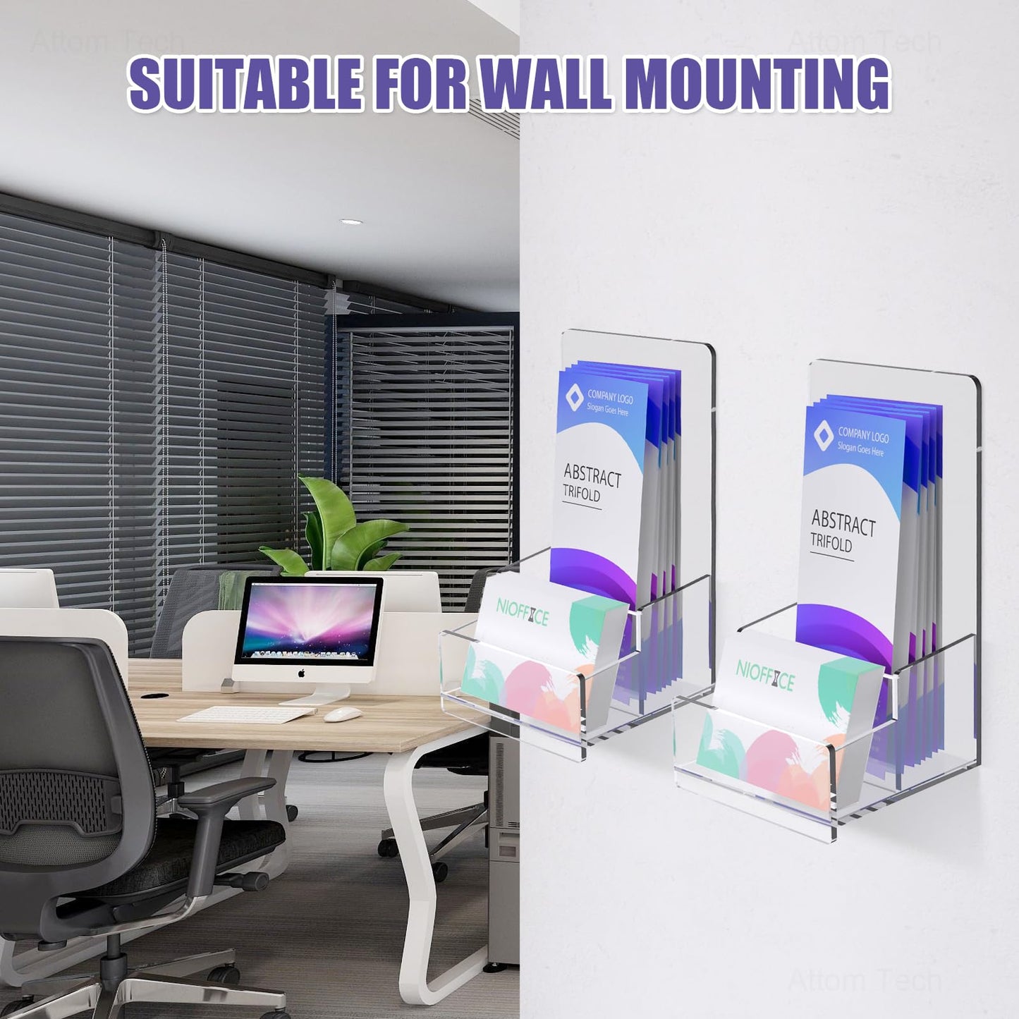 NiOffice Clear Acrylic Brochure Holder, 4.1" Brochure Display Stand with Business Card Holder, Plastic Flyer Holder Pamphlet Stand Wall Mount or Countertop for Booklets, Magazine, Trifold, Menu, 2PK