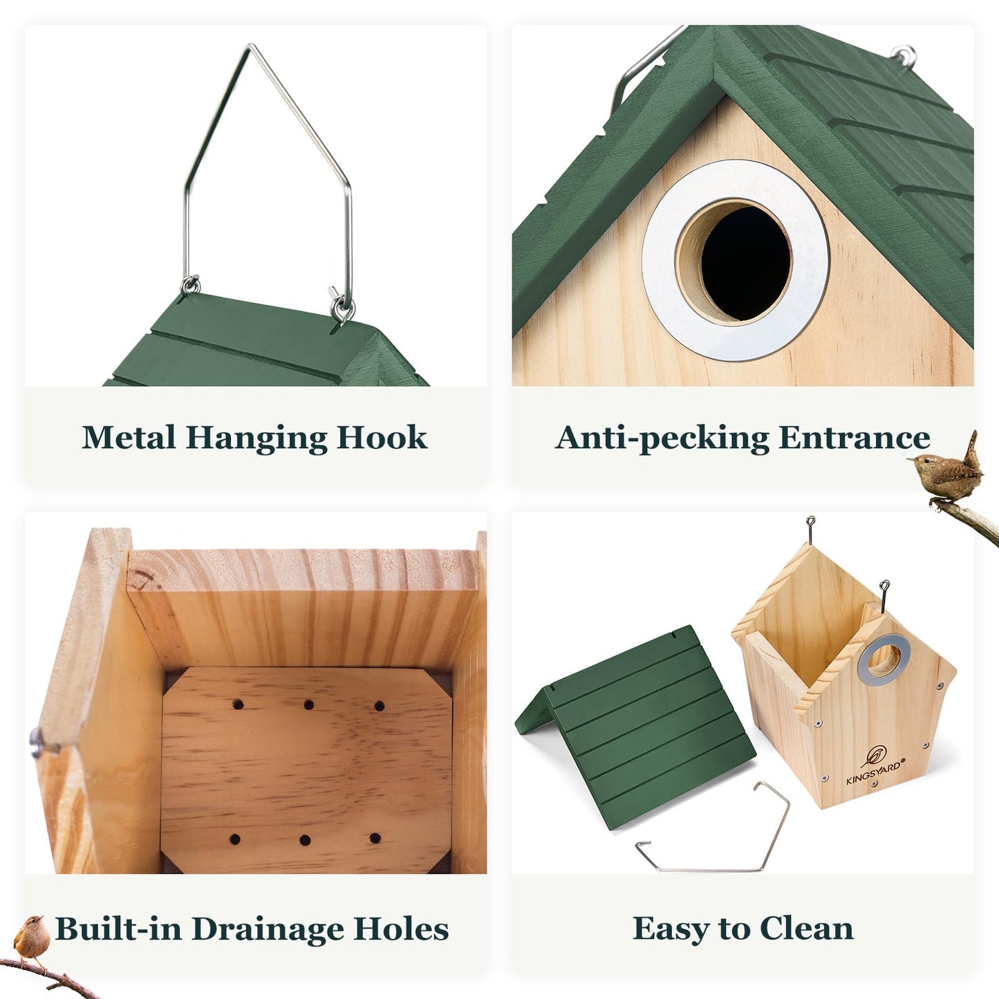 Kingsyard Wooden Bird House with Predator Guard, Wren Bird Nesting for Outdoor, Garden Patio Nest Box for Wild Bird Watching, Green