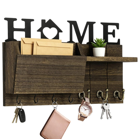 TIMCORR Key Holder Wall Mount,Wooden Mail and Key Organizer for Wall, Wall Key Holder with Shelf & 7 Hooks, Easy Installation Key Rack for Entryway Home Decor