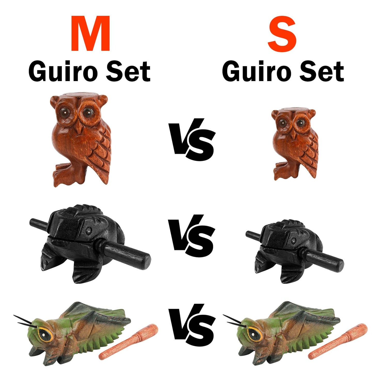 GOGHOST 3 Pcs Handmade Wooden Guiro Animal Set (Small), 3 Inch Wooden Frog, 4 Inch Wooden Cricket, and 2.3 Inch Wooden Owl Whistle, Guerrero Percussion Instruments Artistic Craft