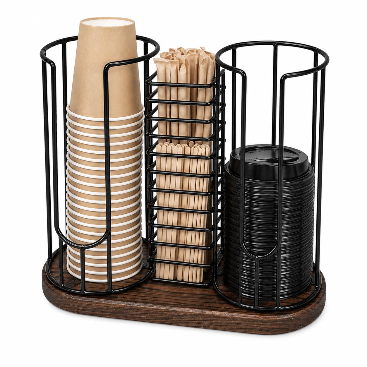 3-Compartment Coffee Cup Dispenser, Countertop Organizer Rack with Wooden Base for Disposable Cup, Lid, Straw, Tea Bag, Stirrer, Suitable for Kitchen, Bar, Restaurant, Office and Retail Space Use