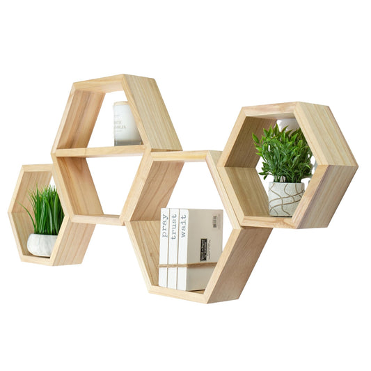 LABEND HOME Hexagon Floating Shelves Set of 4 - Solid Wood Wall Mounted Shelves - Honeycomb Geometric Display Shelves for Living Room, Bedroom, Kitchen - Natural Wood Finish -Includes Hardware & Level