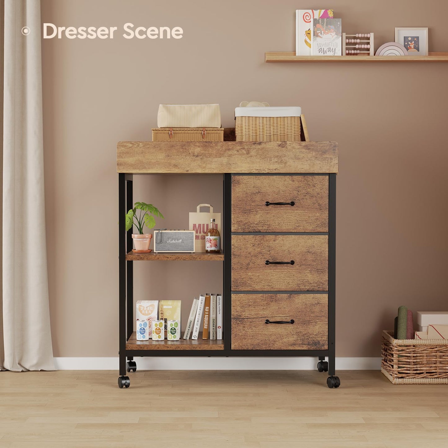 YeTom Changing Table Dresser, Baby Dresser with 3 Fabric Drawers and 2 Shelves, Multi-Functional Baby Changing Table with Pad, Classic Nursery Dresser, Diaper Changing Station, Rustic Brown