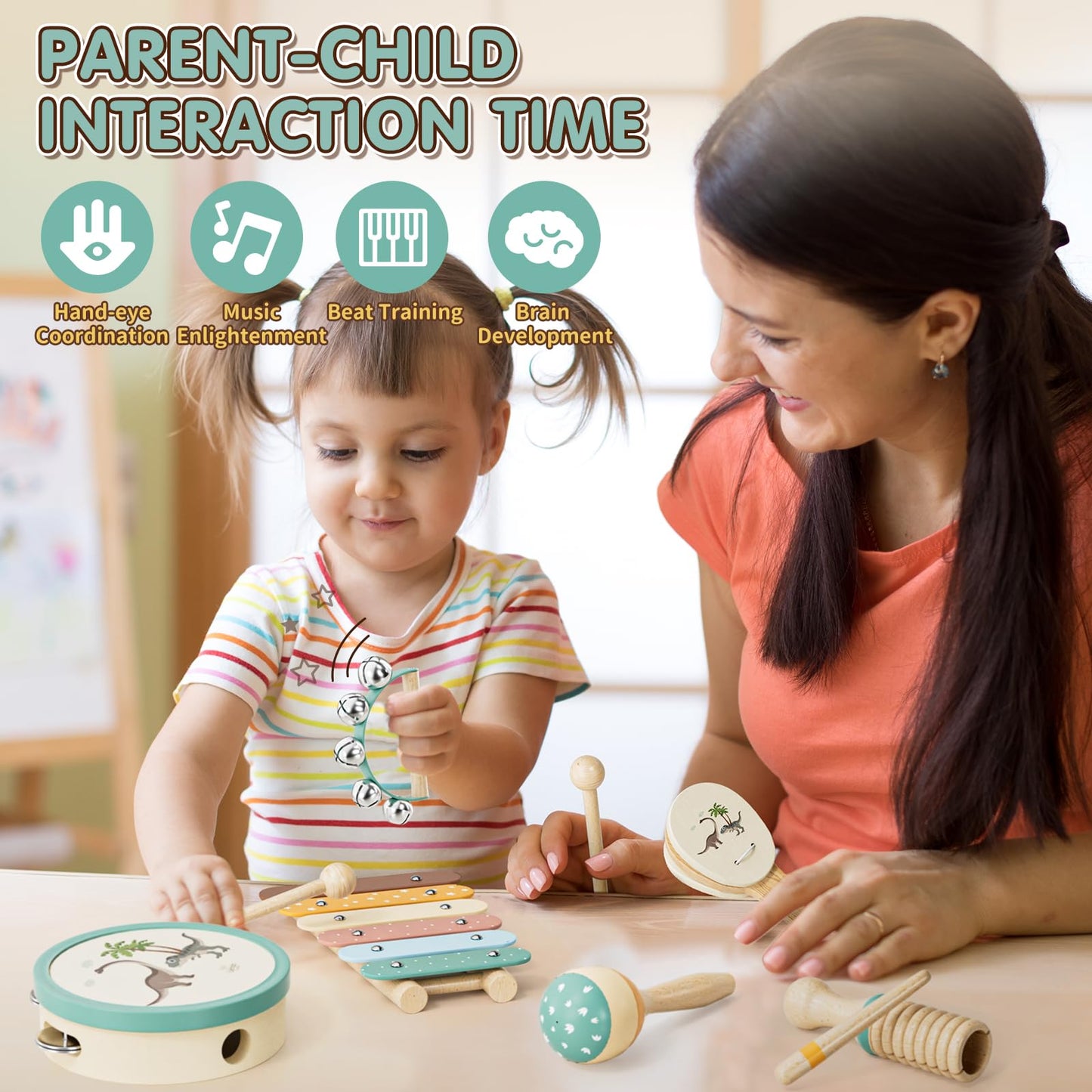 Baby Musical Instruments for Toddlers 1-3, Montessori Wooden Toys for 1 Year Old, Xylophone Maracas Percussion Set with Storage Bag, Learning Toys for Boys Girls Age 2-4, Christmas Birthday Gift