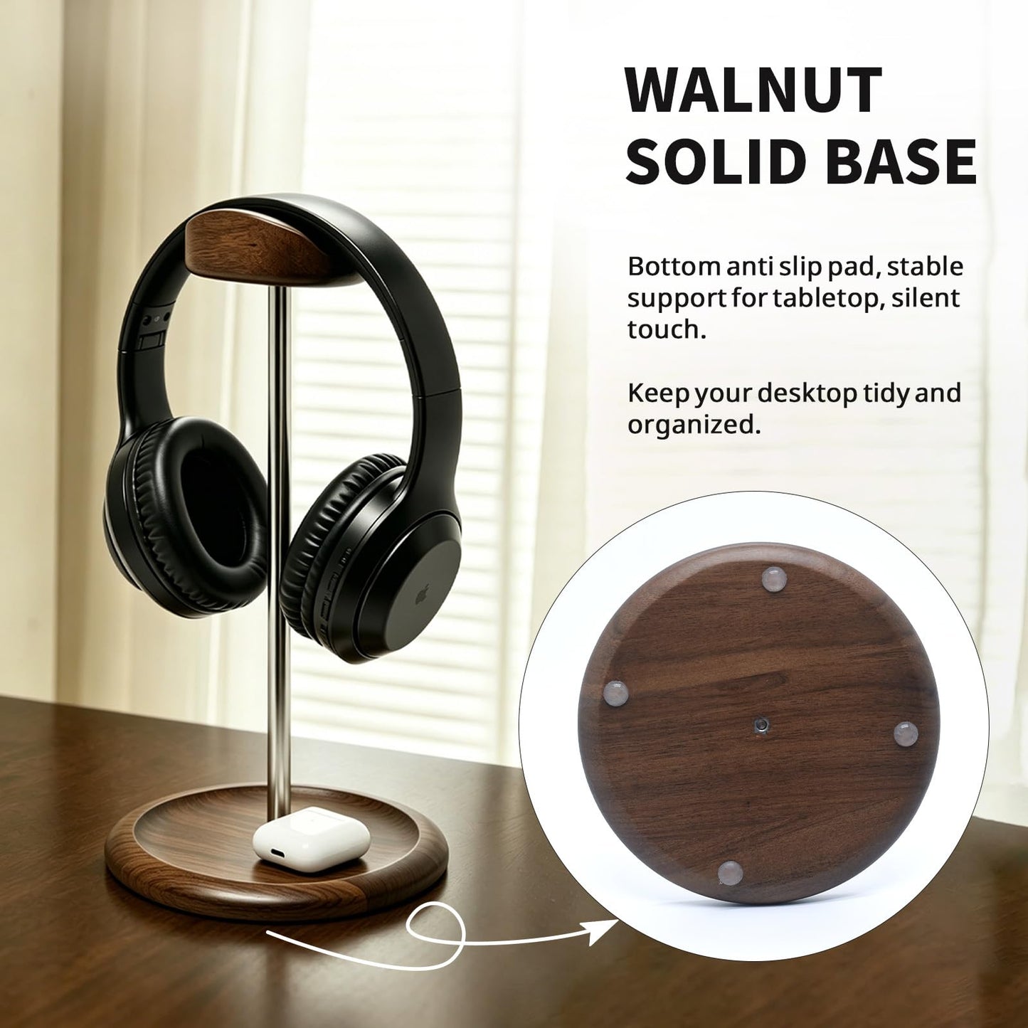 Oxmidud Headset Stand for Desk, Walnut Wood ＆ Stainless Steel Universal Wooden Headphone Holder with Storage Base, Gaming Equipment Accessories, Desk Organizer, Gifts for Gamers Men Boyfriend