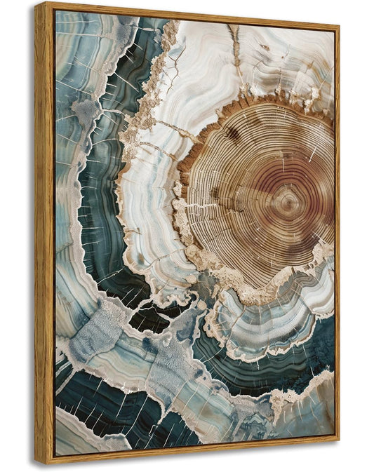 BingruiArt Framed Tree Ring Canvas Wall Art Abstract Wood Wall Decor Boho Modern Colorful Nature Painting Wood Stump Prints Pictures for Living Room Bedroom Bathroom Office 12"x16" Natural Framed(06)