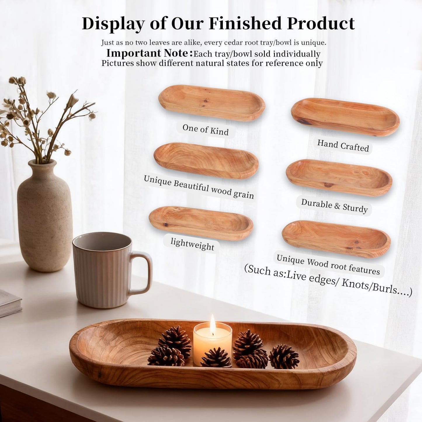 Wenrulgar 14.17" Middle Decorative Tray Wooden Fruit Bowl For Decor Oval Rustic Wooden Candle Holder Key Candy Tray For Decor Entry Table Kitchen Centerpiece