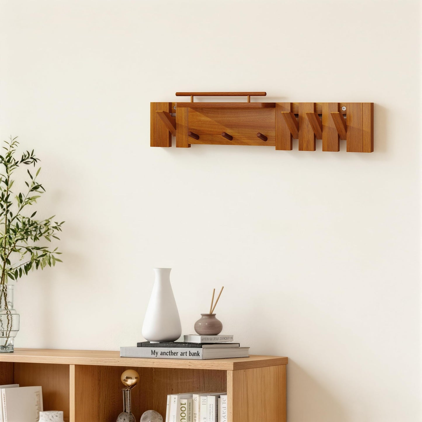 tonchean Wall Mounted Coat Rack, Piano Key Flip Style Walnut Wood Coat Hanger with 7 Hooks, Solid Wooden Hanging Rack for Home Entryway Bedroom Kitchen Living Room