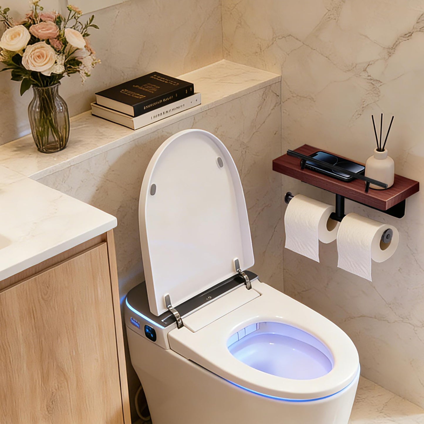 Toilet Paper Holder with Wood Shelf, Wall Mount Toilet Paper Roll Holder with Wooden Shelf and Matte Black Stainless Steel Pipe, Tissue Roll Holder for Bathroom Washroom (Dark Brown, 13.8'' x 5.9'')