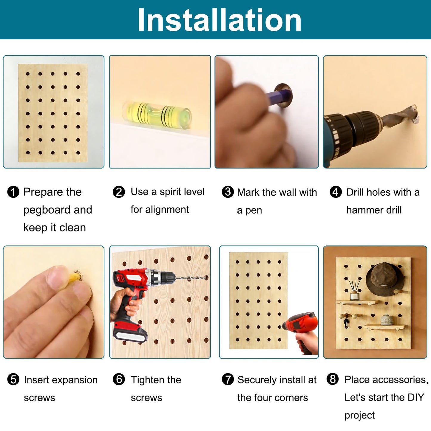 HJZALMI Wood Pegboard Wall Organizer, 40x60cm/15.7"x23.6", Beige