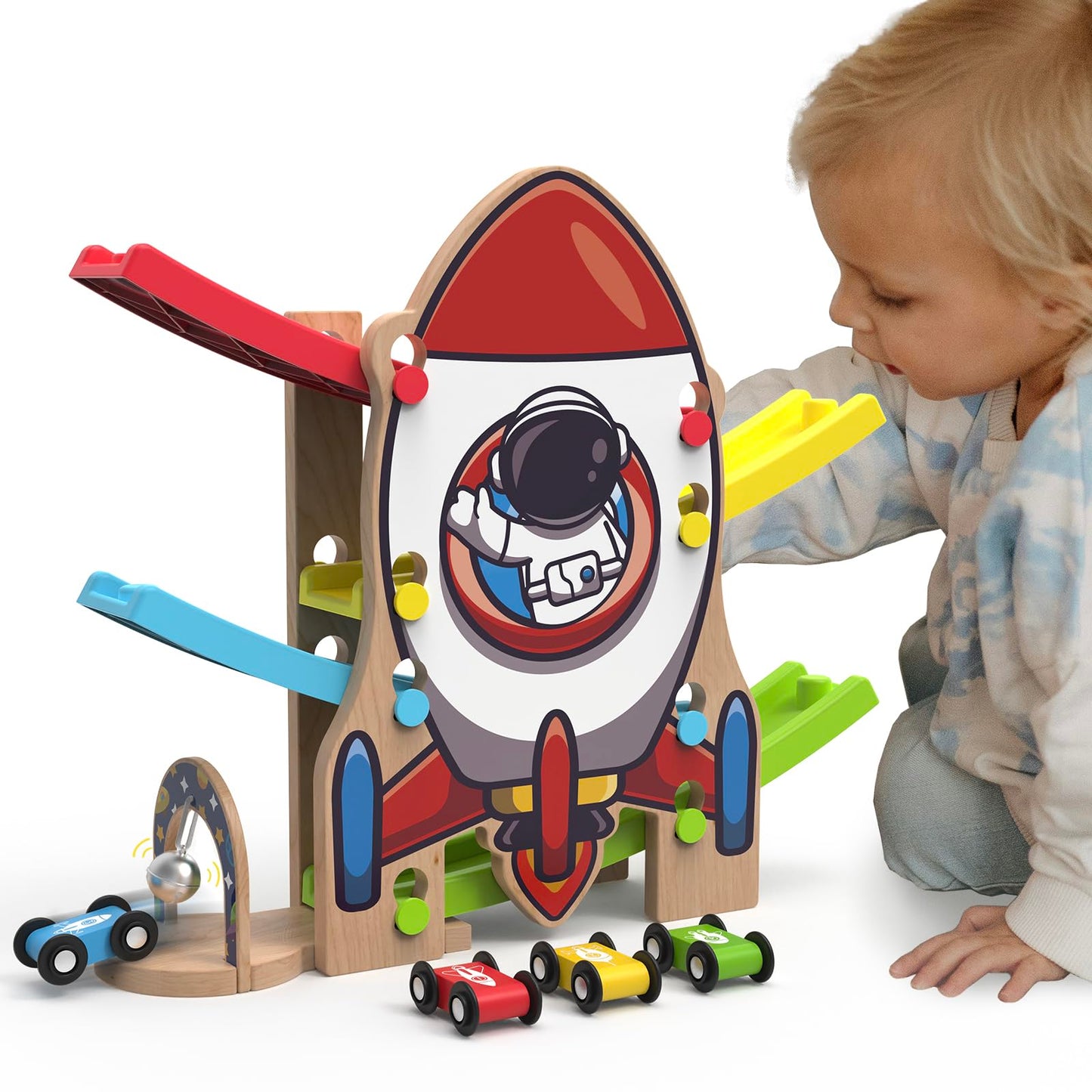 Letoiz Wooden Race Track for Toddlers 2-4, Rocket-Themed Car Ramp Racer Toy with 4 Cars, Bell Sound Zigzag Playset, Fine Motor Skills, Birthday for Boys and Girls