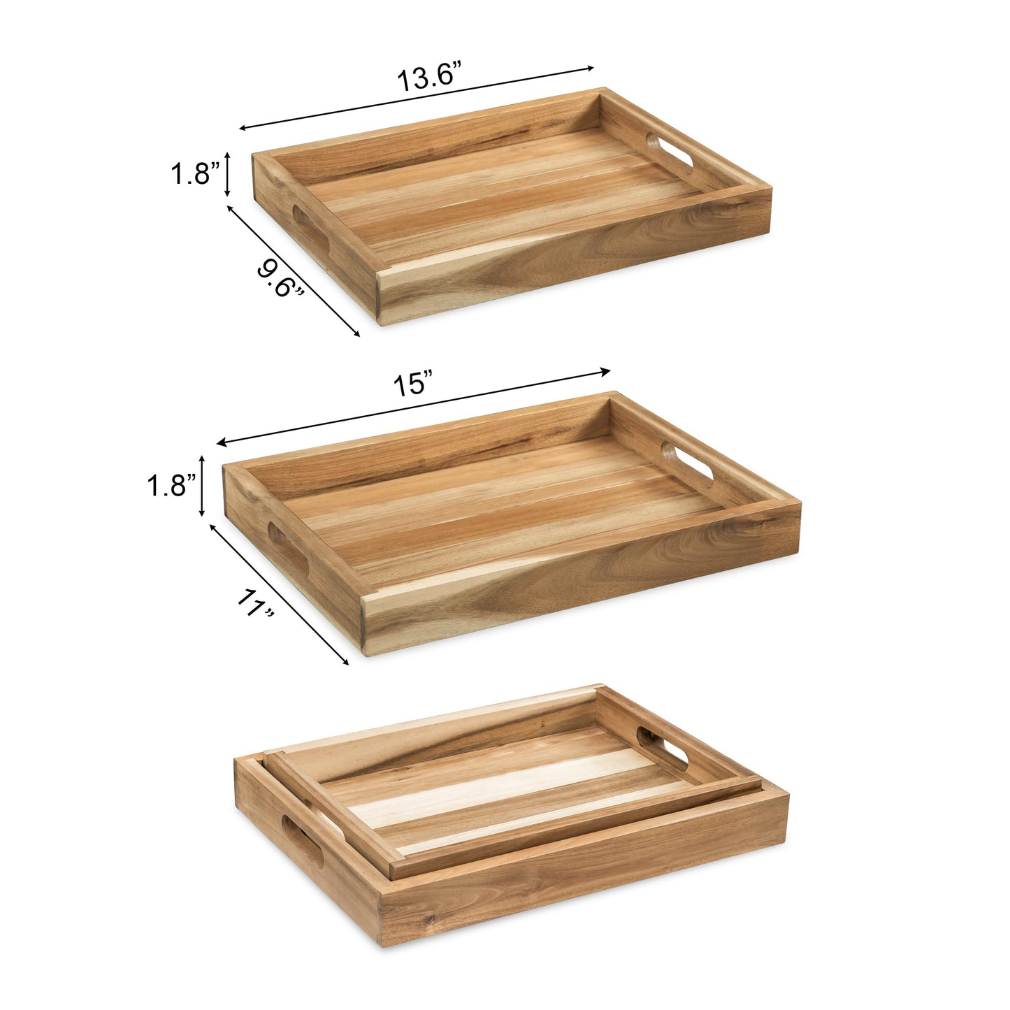 Natural Acacia Wooden Rectangular Serving Tray with Handles, Set of 2 (15"x11" & 13.6"x9.6"), Large Tray for Ottoman, Breakfast in Bed, Dinner, Coffee Table Decor & Kitchen