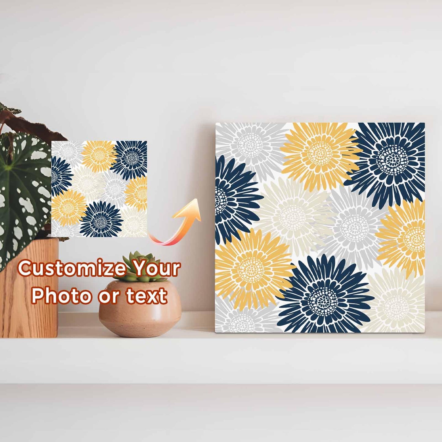 Navy Blue Gray Yellow Sunflowers Wood Box Sign Desk Decor, Abstract Blooming Floral Decorative Wooden Block Box Sign Decorations for Home Office Shelf Table Decor 6x6 Inches
