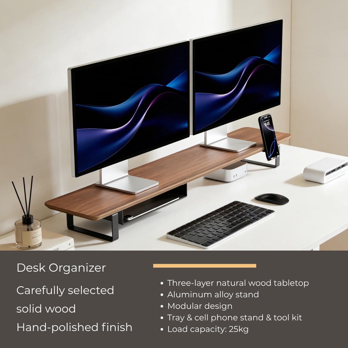 muso wood Dual Monitor Stand with Storage Shelf, 45 Inch Wooden Monitor Riser for 2 Monitors, Walnut Desk Shelf for Computer, Laptop, Screen, TV, Printer