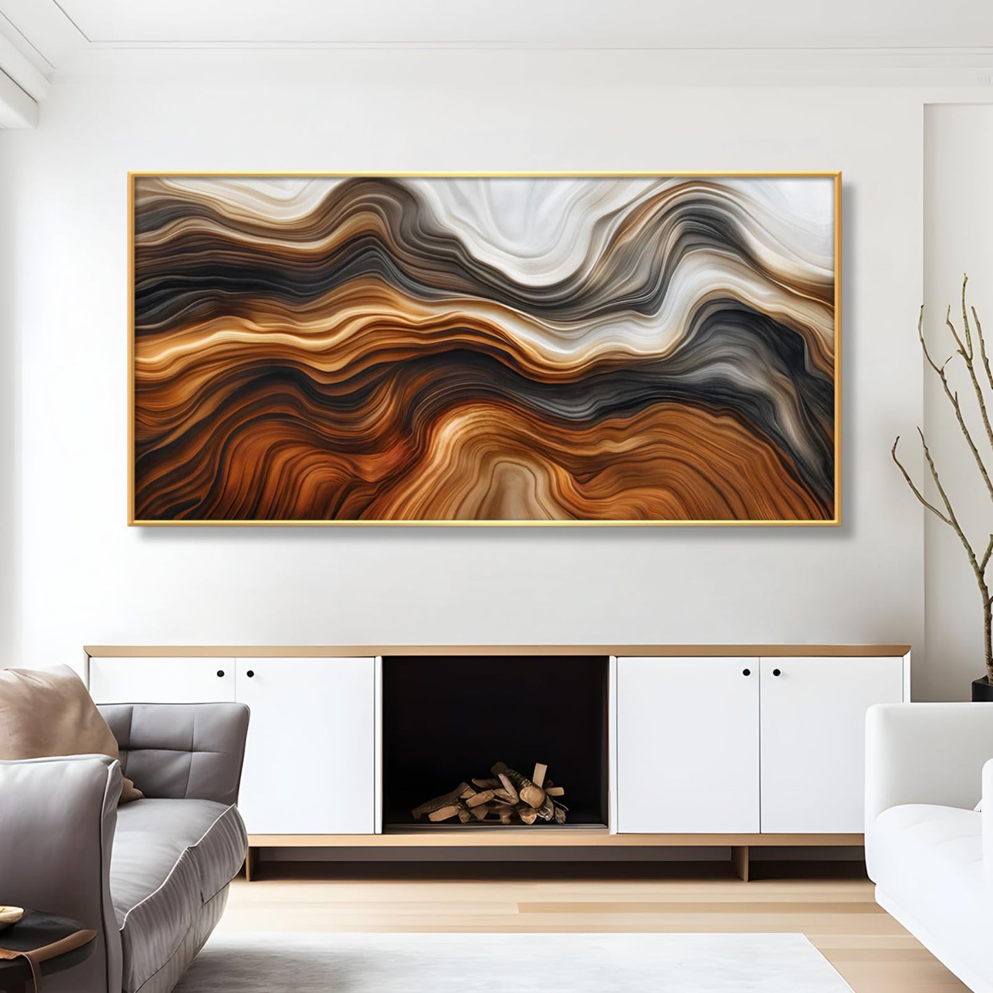 Wood Grain Canvas Wall Art, Tree Ring Canvas Wall Art, Wood Stump Picture Print, Stump Trunk Print Decor, Old Tree Trunk Painting, Modern Nature Decor for Living Room, Bedroom, Kitchen (Gold Framed, 70"x 35"| 180x90cm)