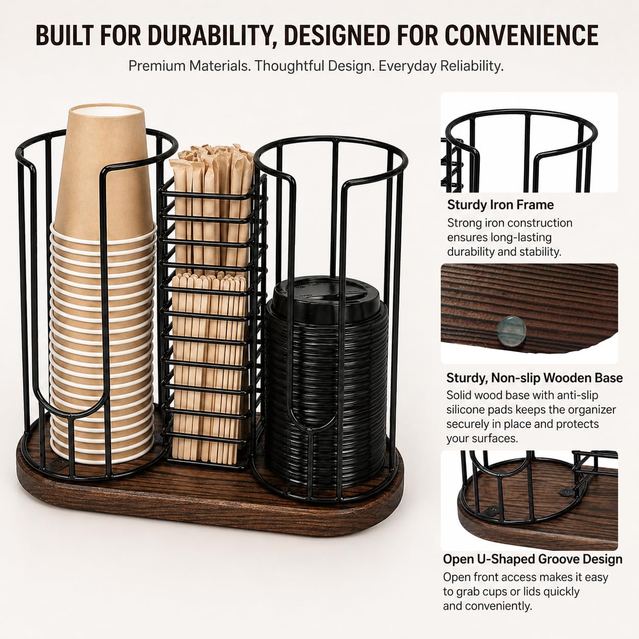 3-Compartment Coffee Cup Dispenser, Countertop Organizer Rack with Wooden Base for Disposable Cup, Lid, Straw, Tea Bag, Stirrer, Suitable for Kitchen, Bar, Restaurant, Office and Retail Space Use