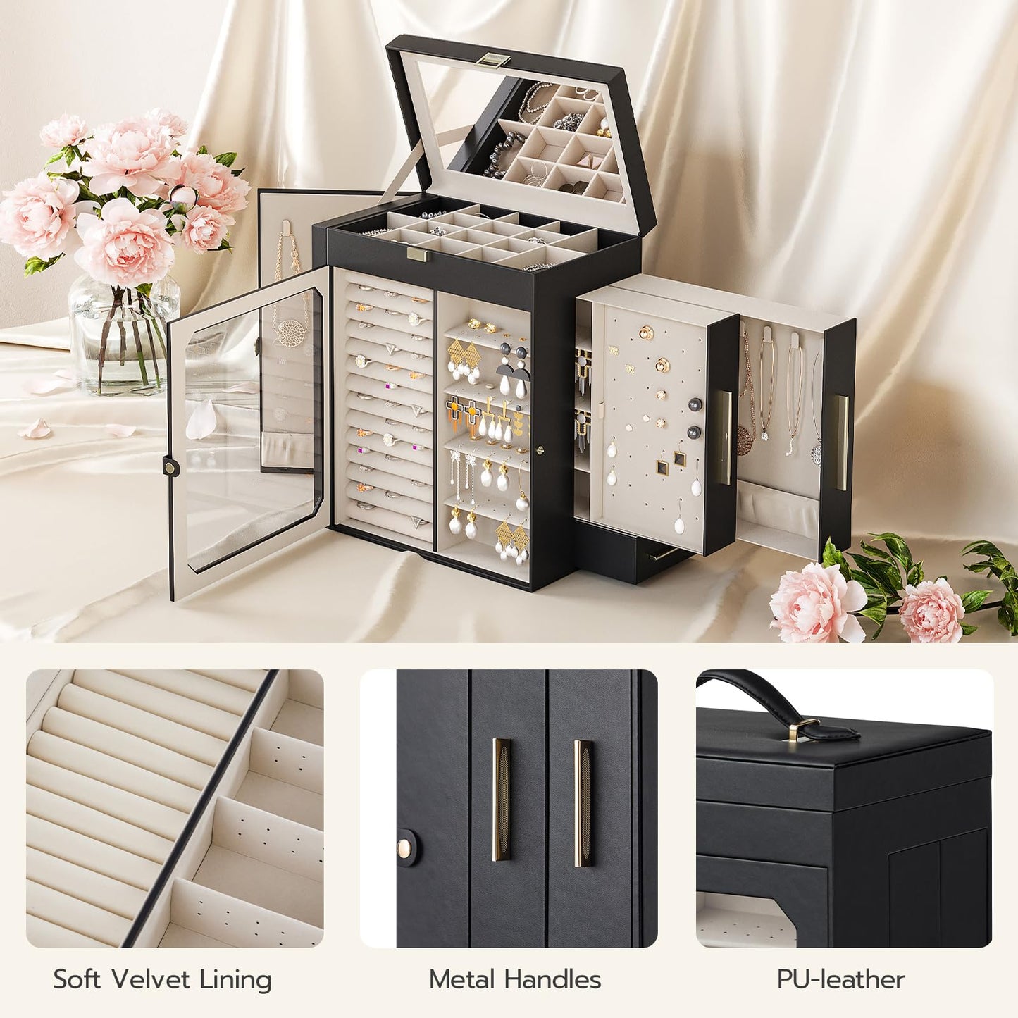 HOOBRO Jewelry Box with Mirror and 5-Tier Jewelry Box Bundle, Travel Jewelry Organizer with Glass Window, Jewelry Storage Box with 2 Vertical Drawers, BK03JB04G2-BH19JB04