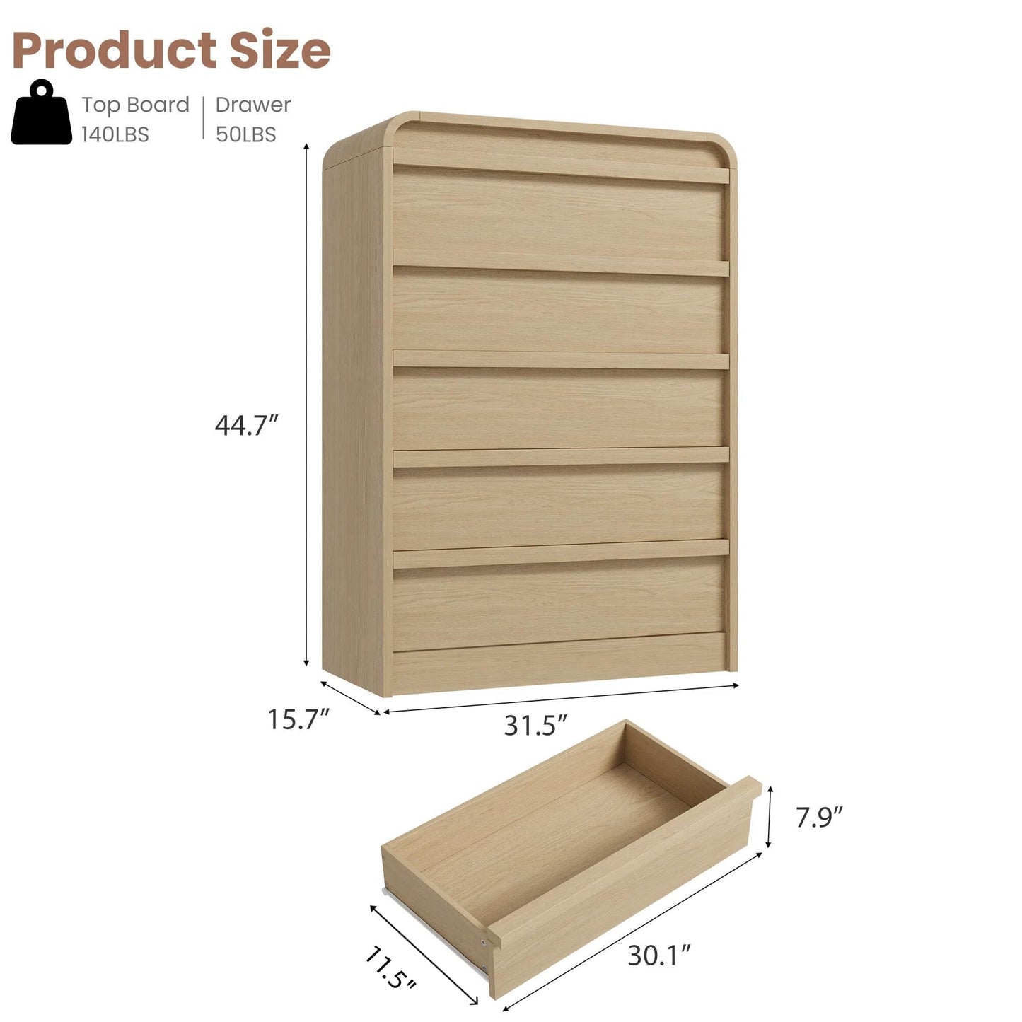 Garvee Wooden 5 Dresser, Natural