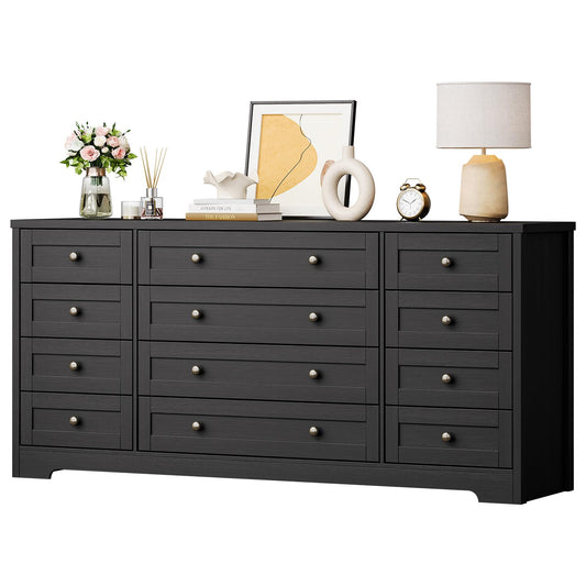 Garvee 12 Drawer Wooden Dressers for Bedroom, Black Dresser for Adult Bedroom, Modern Wood Chest of Drawers for Living Room, Closet, Entryway, Hallway, Farmhouse Wide TV Stand for 65 Inch TV