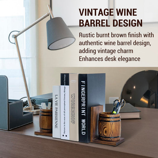 MyGift Wood Decorative Bookends with Pencil Holder, Office Desk Books Ends and Pen Holders as Vintage Wooden Barrels, Heavy Duty Bookends for Shelves, Rustic Burnt Brown Wine Barrel Design,1 Pair