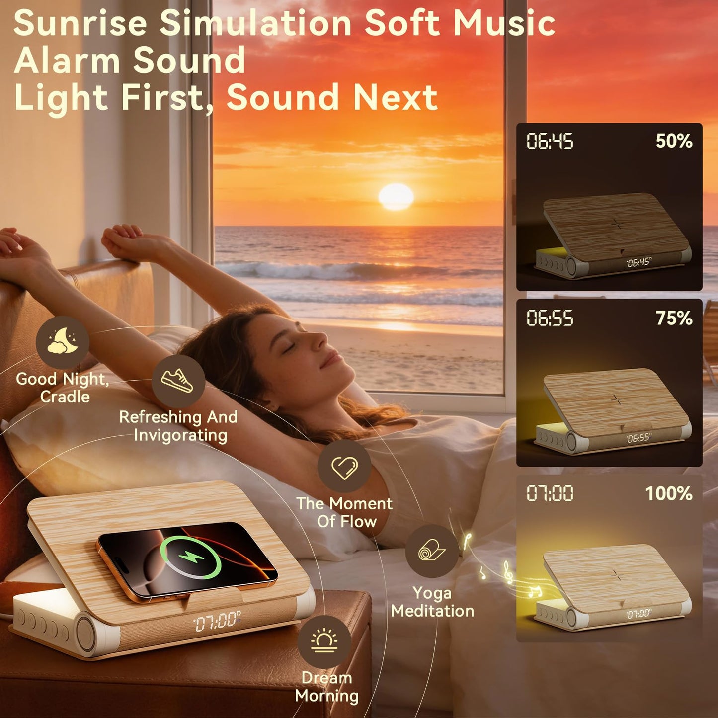 Vivilumens Alarm Clocks Bluetooth Speaker Dual Charging Wireless Bedside Lamp Night Light for Adults Teens with Book Shape Sunrise Wake Up Light for Bedroom Home Decor Gifts for Father（Wooden Grain）