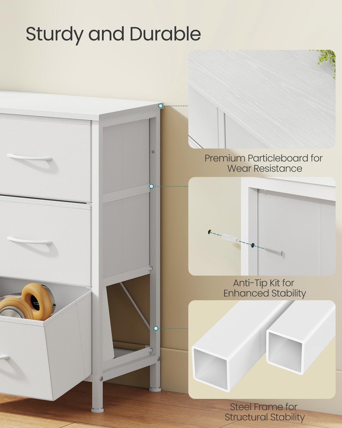 SONGMICS BELLAH Collection - Dresser for Bedroom, TV Stand for TVs Up to 55 Inches, Chest of Drawers for Living Room, Closet, Steel, 9 Drawers, Modern, Cloud White ULGS033WH02S