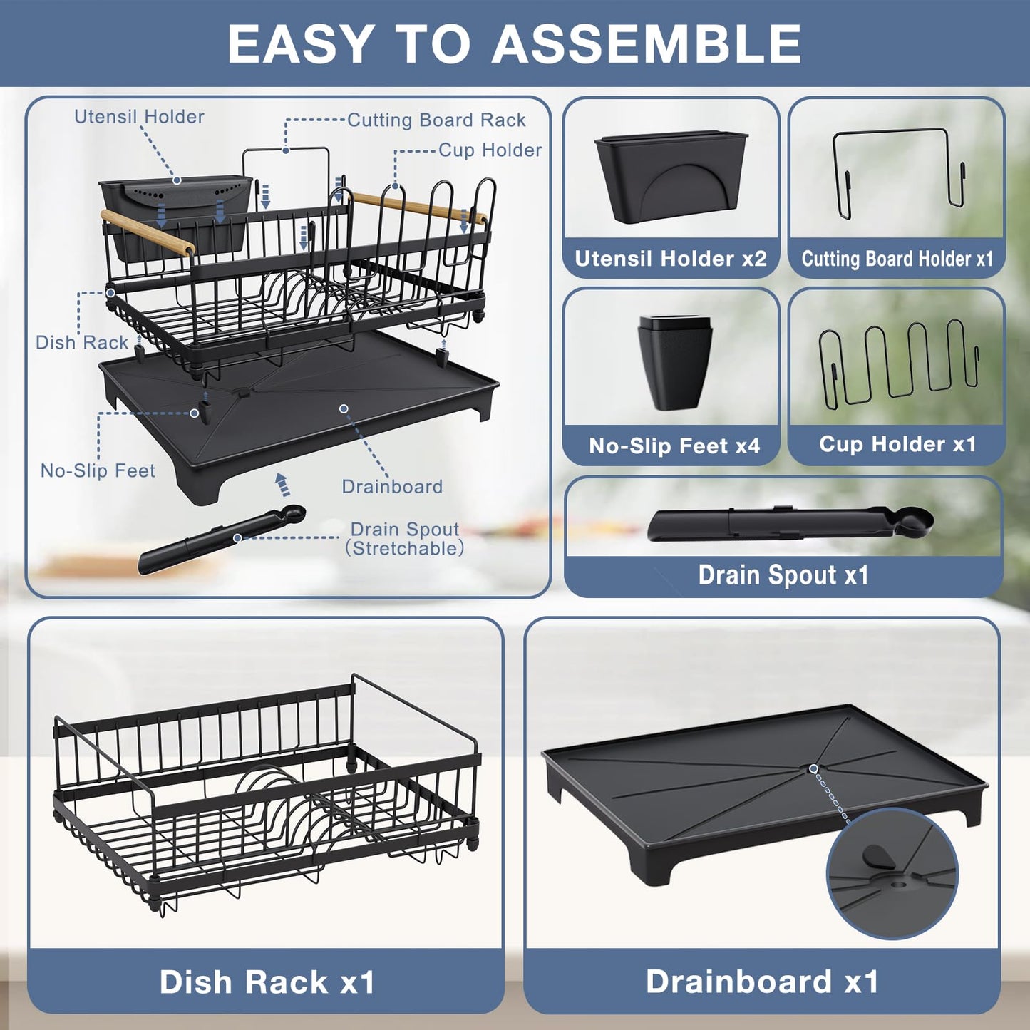 Dish Rack Lightweight & Space-Saving Drying Rack with Drainboard Large Capacity Anti-Rust Kitchen Counter Organizer with Cup, Utensil & Cutting Board Holders for Dishes, Bowels, Spoons and Forks