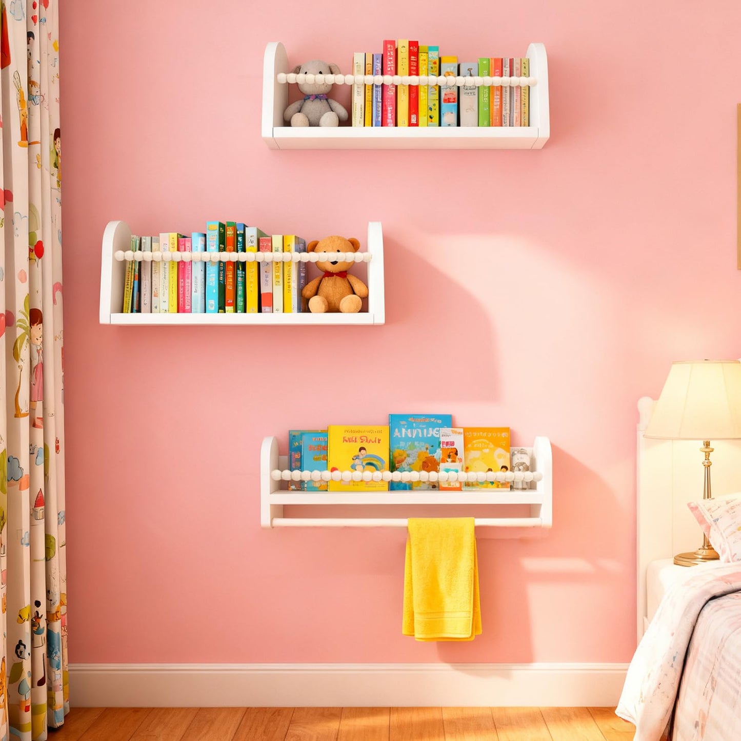 OurWarm Nursery Book Shelves for Wall Set of 3, White Natural Wood Nursery Floating Shelves with Towel Bar, Wall Mounted Floating Bookshelves for Baby Room Kids Room Living Room Storage and Decor