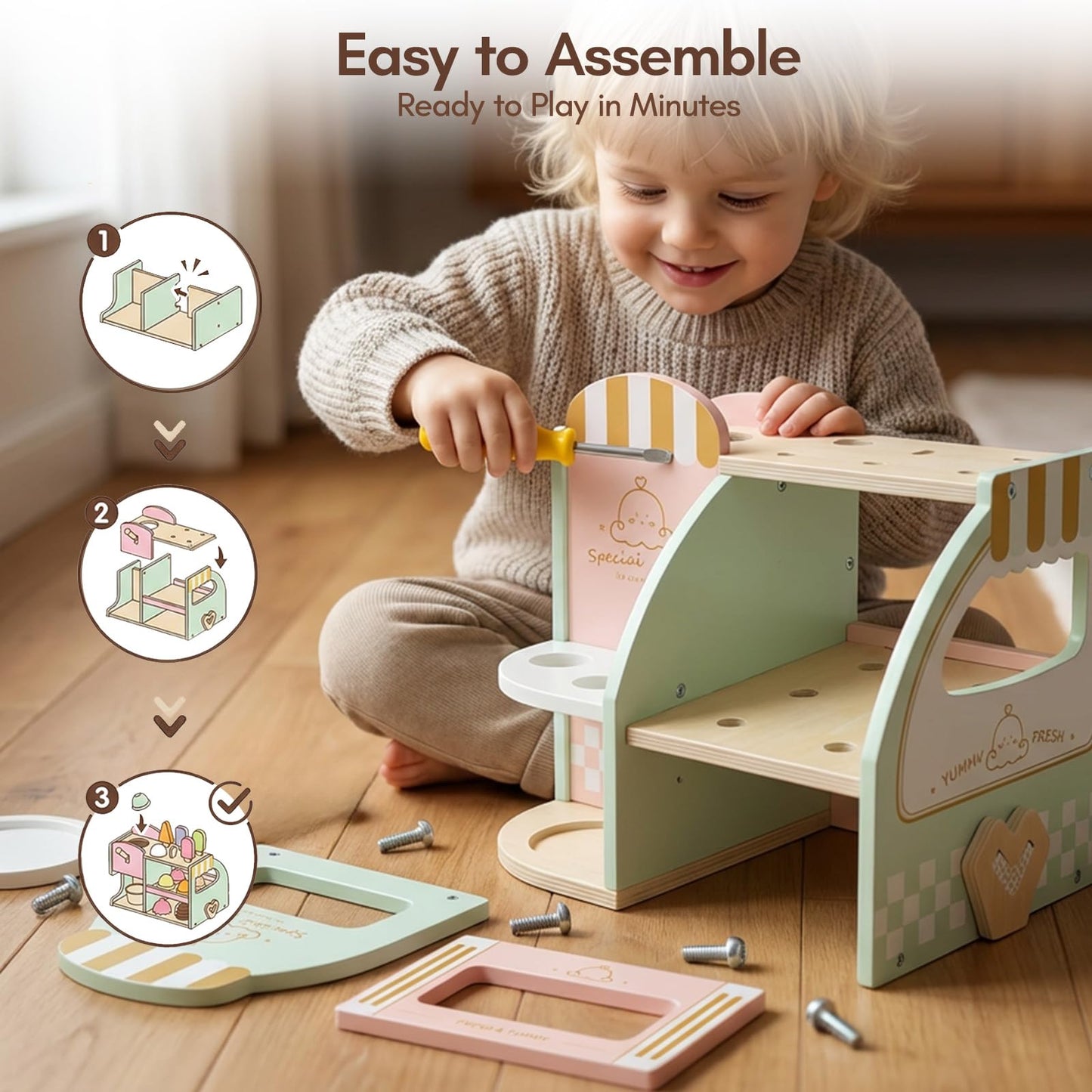 Giant bean Wooden Ice Cream Play Set, with Drop-Down Dispenser, Play Kitchen Accessories with Cones, Popsicles, Scoops, Play Money & Menu, Ice Cream Toy for Kids Ages 3+, Birthday