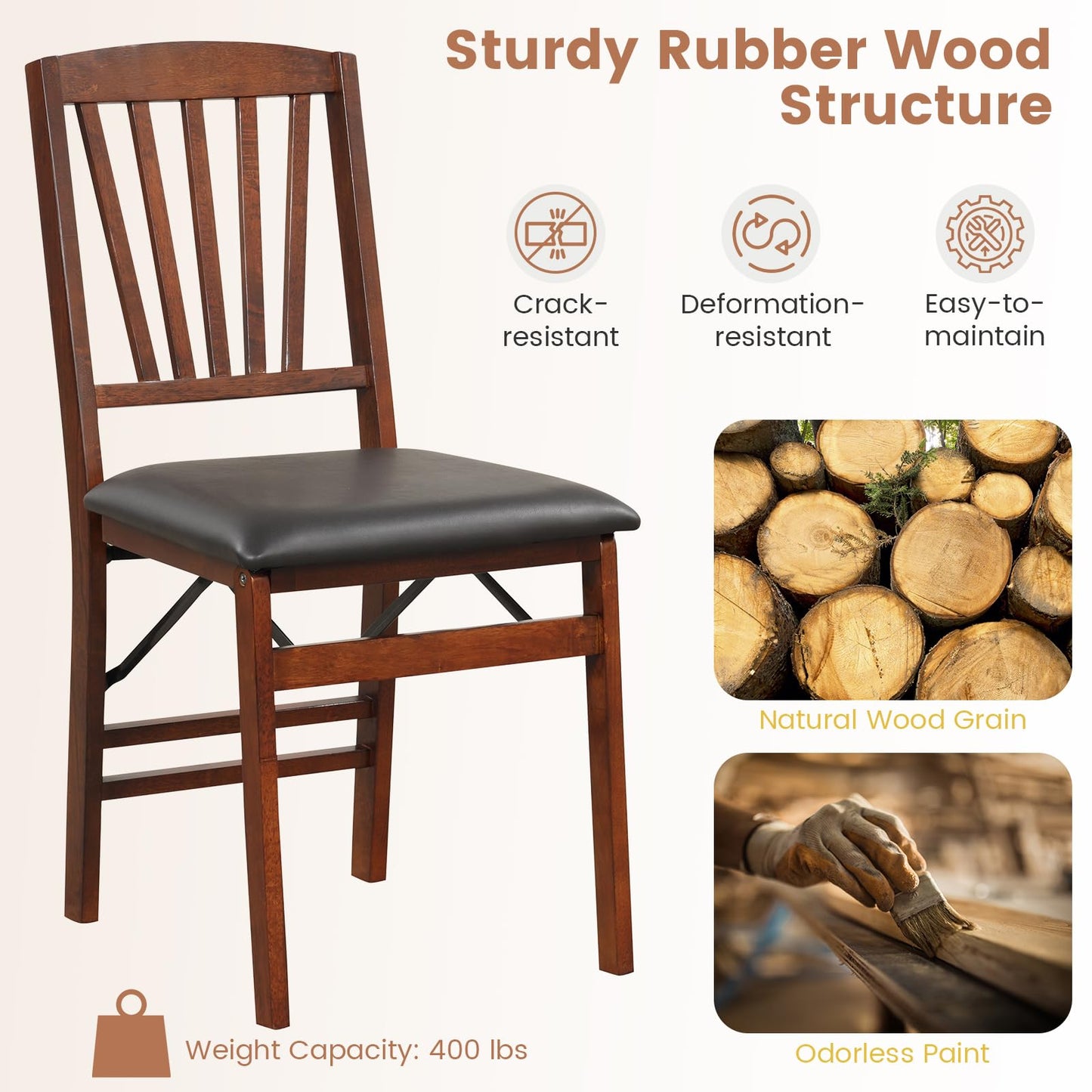 COSTWAY Folding Dining Chairs Set of 2, Upholstered Wooden Dining Room Chairs with PVC Padded Seat, Solid Wood Frame and 400LBS Capacity for Kitchen Apartment (Black & Brown)