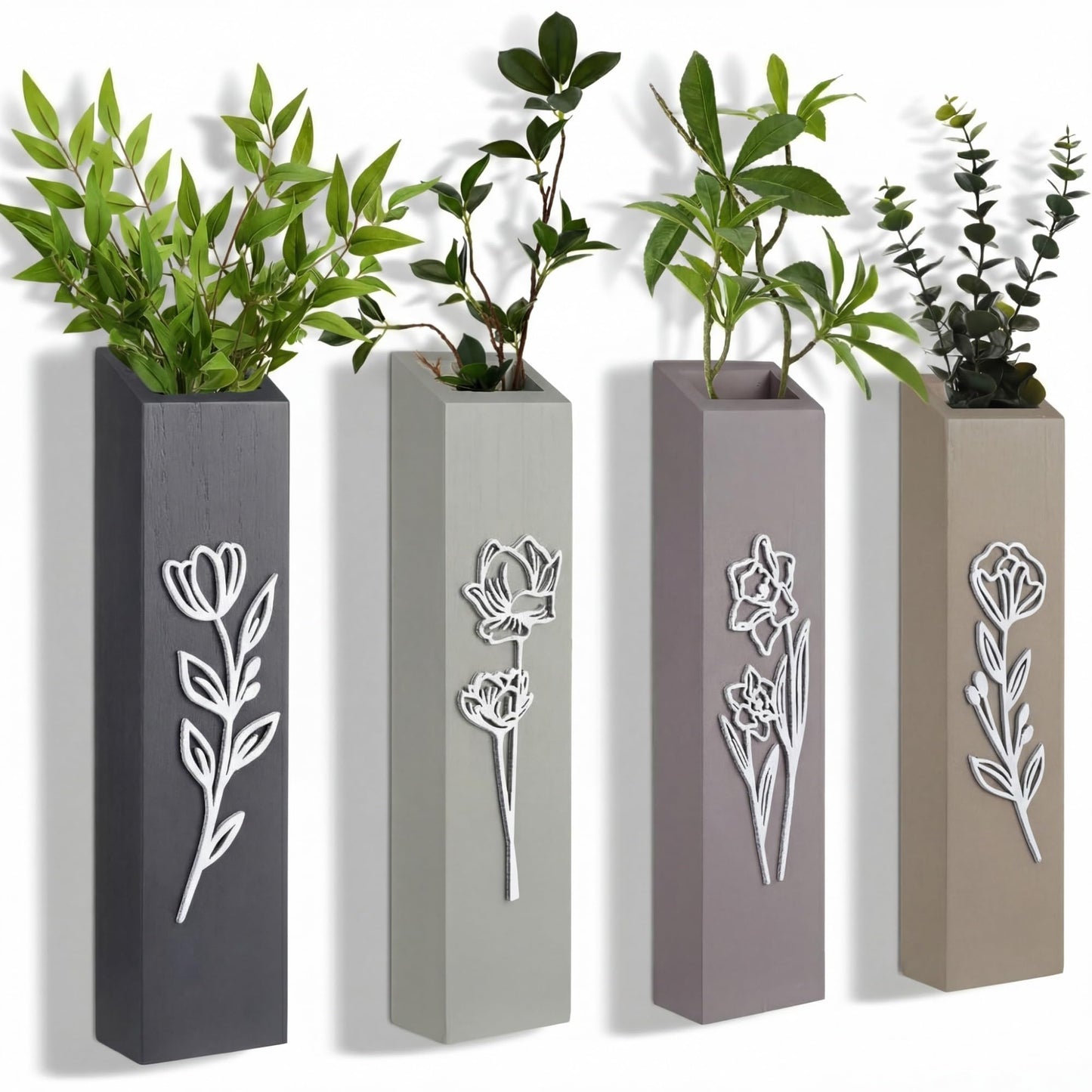 Bucherry 4 Pack 3D Wood Wall Planters Farmhouse Wall Flower Pocket Vases with 3D Floral Design Indoor Modern Neutral Boho Pocket Vase for Dried Flowers and Faux Greenery Plants for Living Room Bedroom