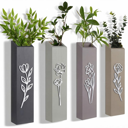 Bucherry 4 Pack 3D Wood Wall Planters Farmhouse Wall Flower Pocket Vases with 3D Floral Design Indoor Modern Neutral Boho Pocket Vase for Dried Flowers and Faux Greenery Plants for Living Room Bedroom