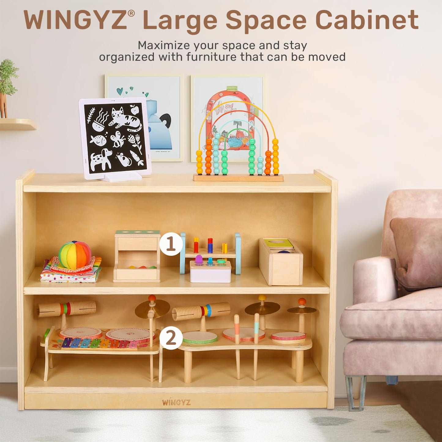 WINGYZ Wooden Storage Cabinet, 2-Tier Kids Toy Storage Organizer, Spacious Montessori Kids Bookshelf, Toy Shelf Storage Organizer for Playroom Classroom Nursery Study Room Living Room