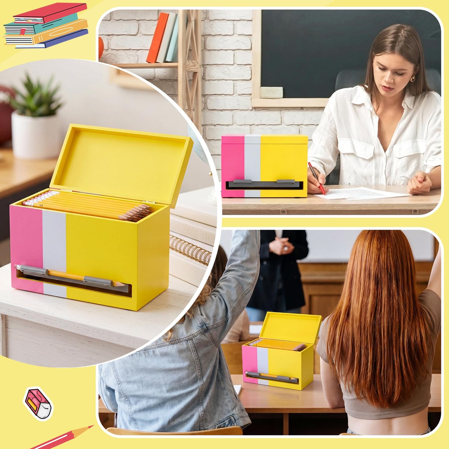 Yalikop 1 Pc Wooden Pencil Dispenser for Classroom Pastel Wood Pencils Holder for up to 200 Pencils Reusable Straw Dispenser for Home Office Teachers Supplies Storage (Stripe,Pink,Yellow)