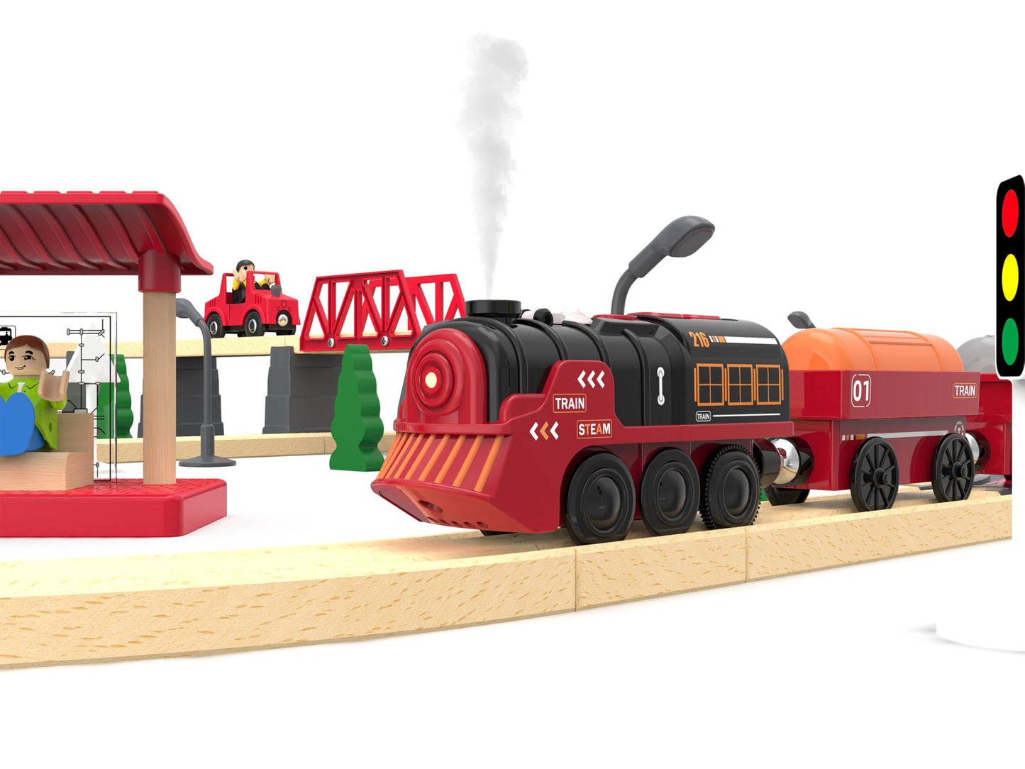 Toy Train Electric Train Set for Wooden Tracks, Christmas Motorized Train Toys for Toddlers, Battery Operated Train Includes Lights, Sounds, Smoke, Steam Train Compatible with Thomas, Brio