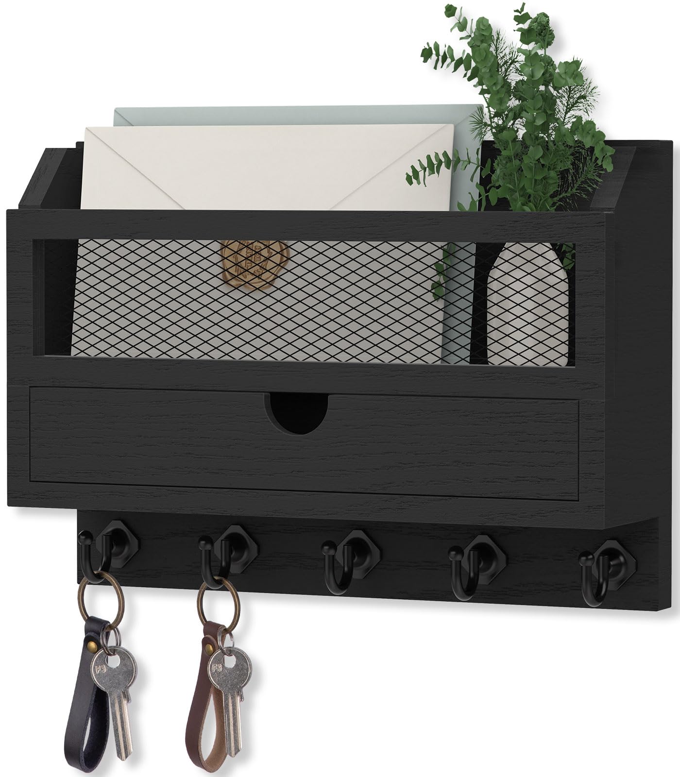 Nekon Key and Mail Holder for Wall, Key Organizer with 5 Hooks & Storage Drawer, 11" W x 7.9" H x 3.1" D Wooden Key Rack for Entryway and Home Decor (Black)