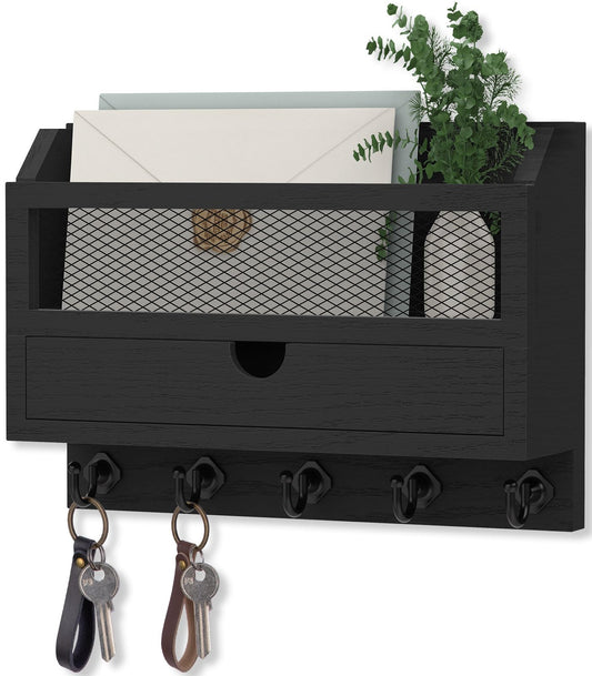 Nekon Key and Mail Holder for Wall, Key Organizer with 5 Hooks & Storage Drawer, 11" W x 7.9" H x 3.1" D Wooden Key Rack for Entryway and Home Decor (Black)
