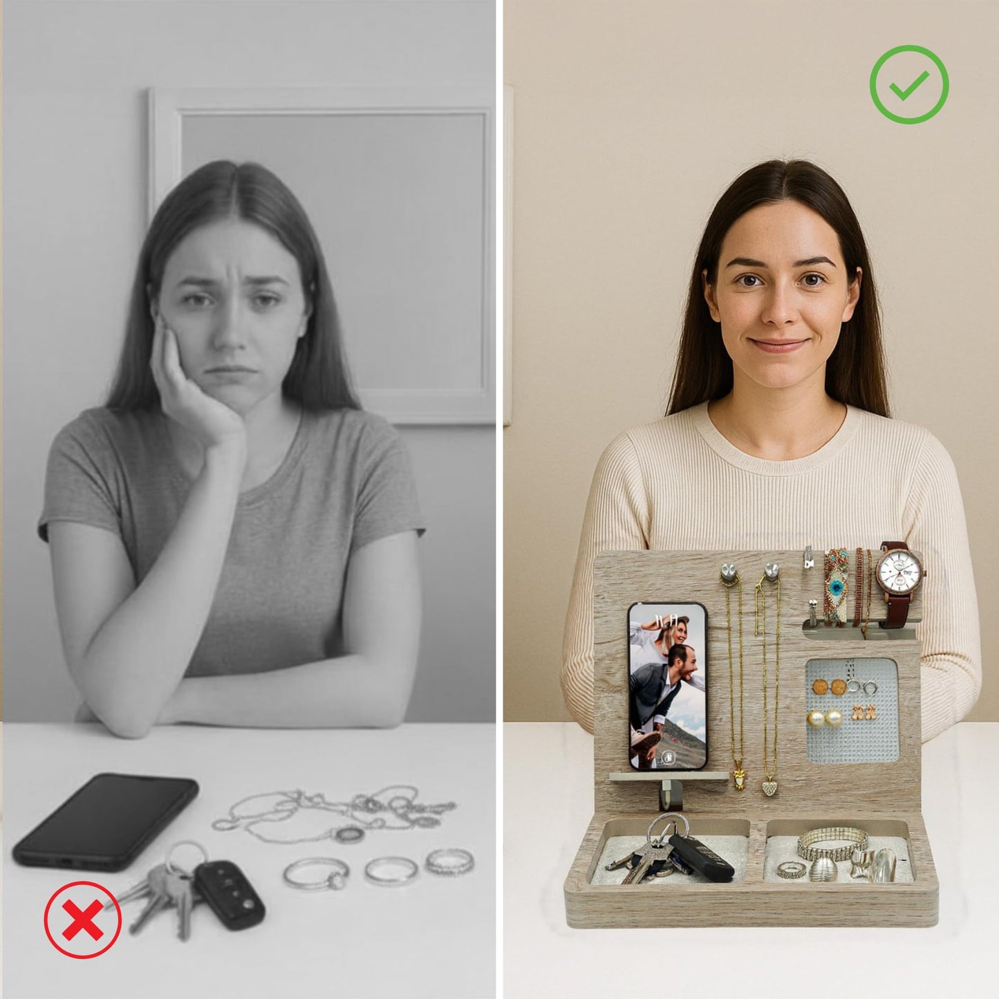 Namore Nightstand Organizer for Women – Wood Phone Docking Station & Jewelry Valet Tray for Phone, Earrings, Wallet & Keys – Unique Gifts for Women, Wife, Mom