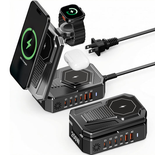 9-in-1 Magnetic Charging Station Foldable - 250W Hub with 100W USB-C for Laptops, 3-in-1 Wireless Dock for Phones/Watches/Earbuds