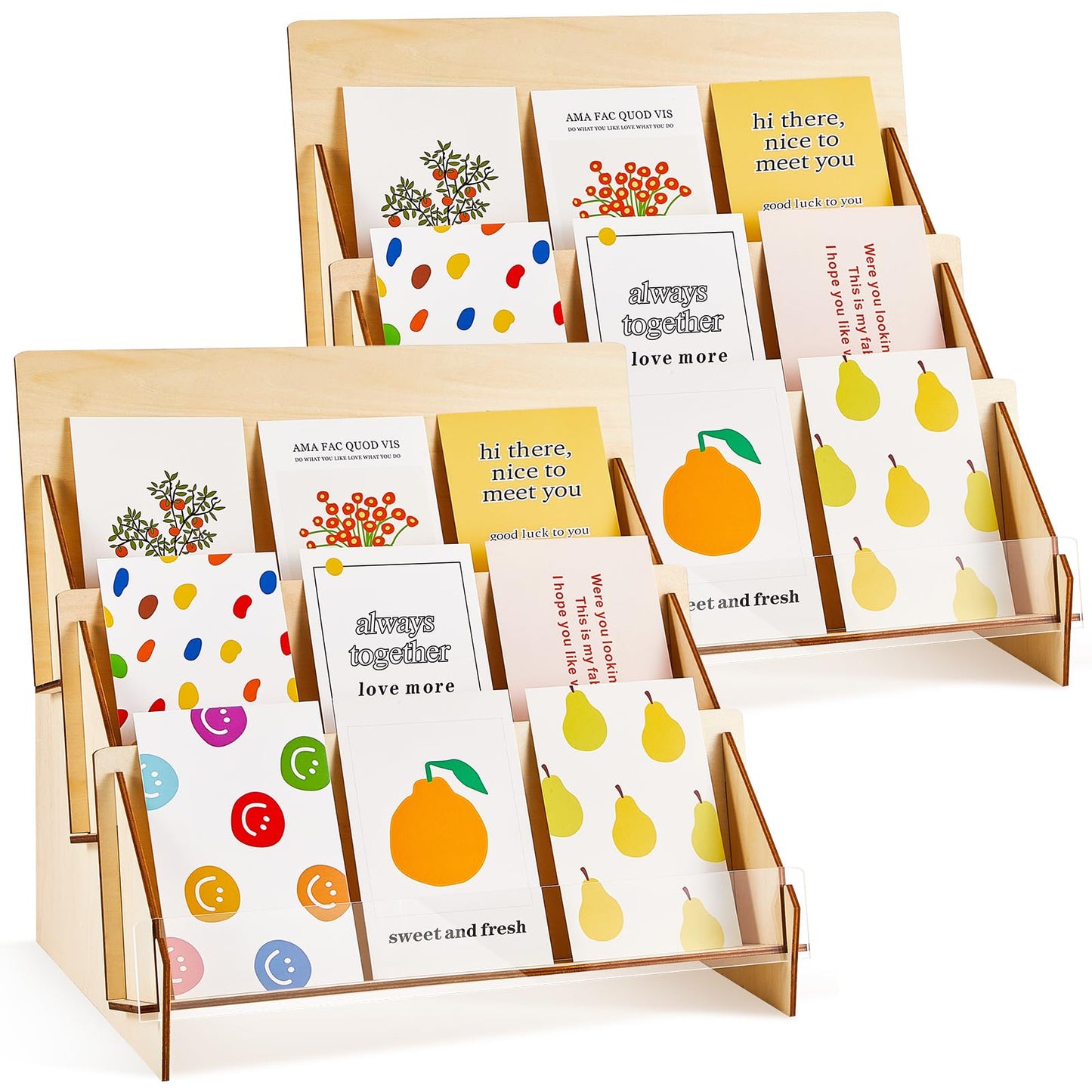 Barydat 2 Pcs Greeting Card Display Stand, 3 Tiered Wooden Multipurpose Portable Rack Holder for Retail Stores, Postcard Brochure Photos Sticker Magazine, Stationery Vendors(13 x 9.6 x 13.2 Inch)