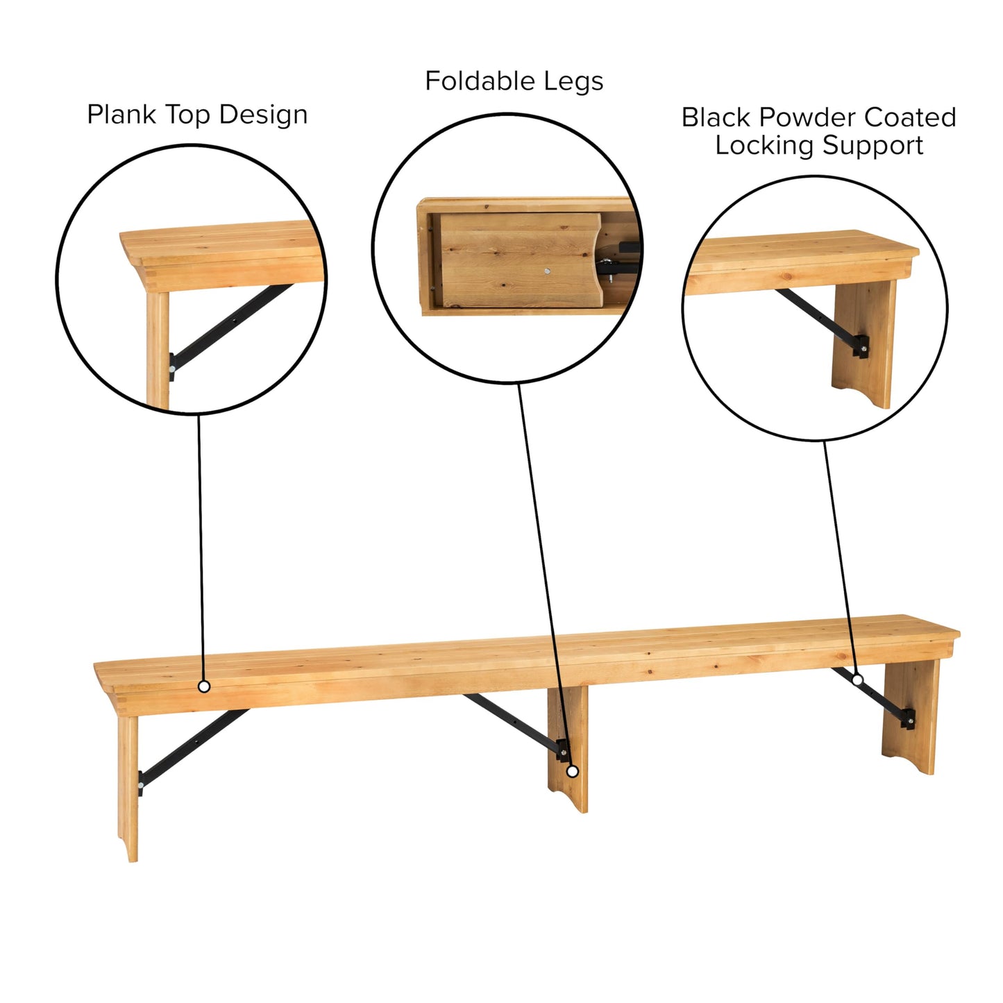 Taylor & Logan Ingles 8' x 12'' Antique Rustic Light Natural Solid Pine Folding Farm Bench with 3 Legs