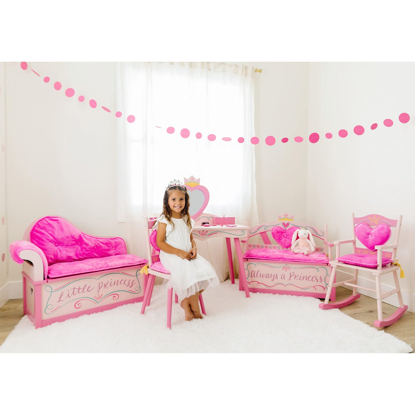 Wildkin Kids Princess Vanity & Chair Set – Wooden Vanity for Girls with Mirror, Jewelry Box & Music Box, with Removable Cushioned Chair - Pink