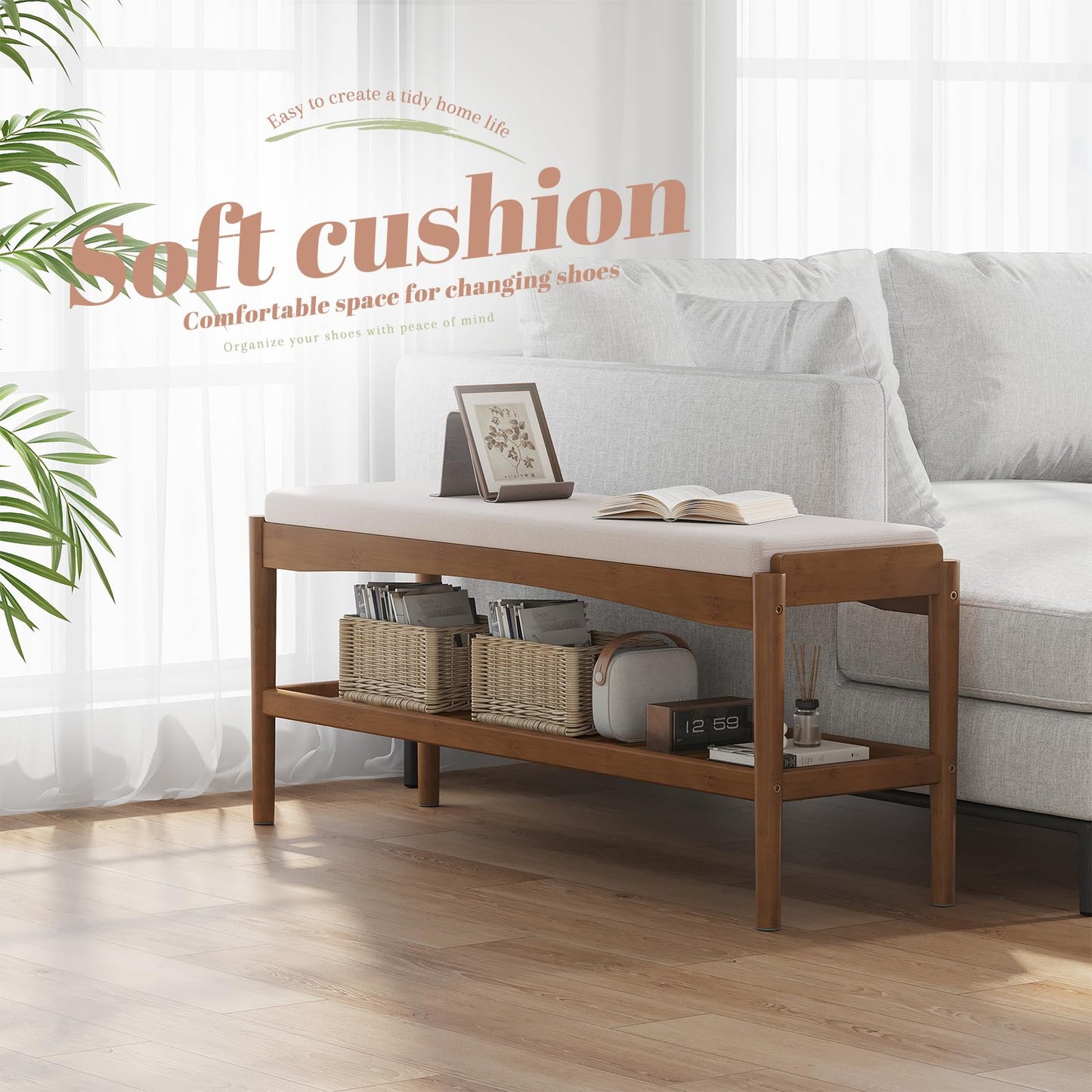 STDDRE Shoe Bench Entryway Bamboo 2-Tier Shoe Rack with Cushion Padded Seat Shoe Bench Organizer Stable for Entry, Hallway, Living Room, Bedroom, Closet (39.4 * 11.4 * 16.5IN, Brown-Beige)