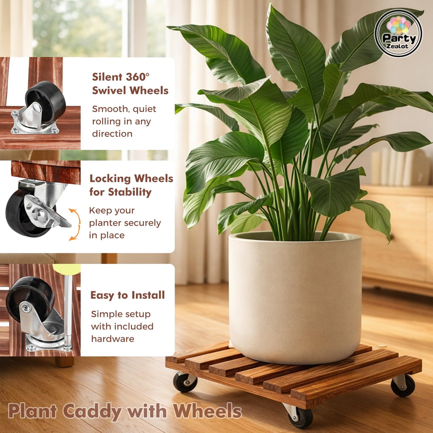 13.5 Inch Plant Caddy with Wheels, 4 Pack Rolling Plant Stand Rollers with Casters Wooden Plant Dolly with Wheels Heavy Duty Rolling Planter Base for Indoor & Outdoor Plants Square Wood Flower Stand
