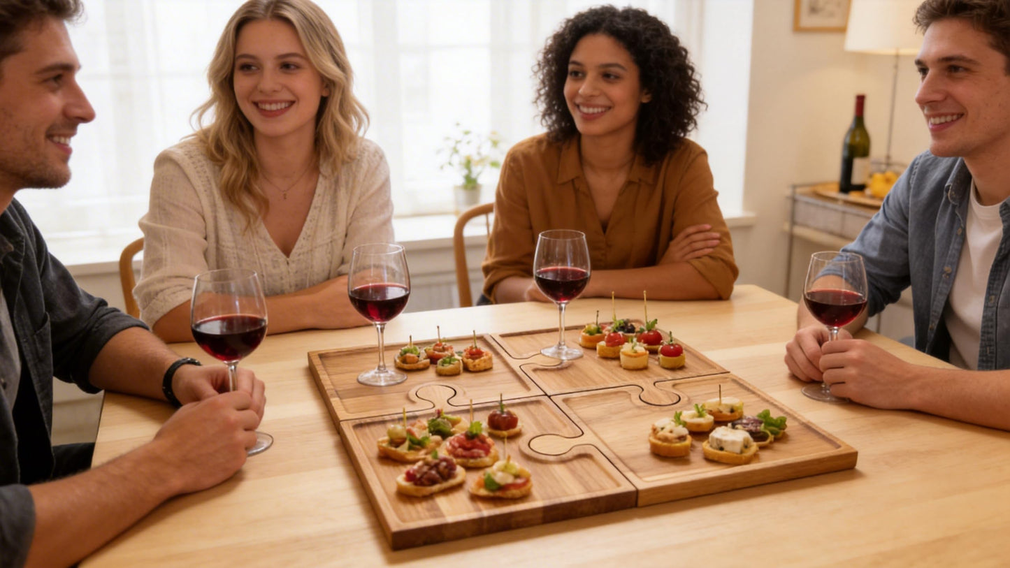 Acacia Wood Charcuterie Boards, Set of 4, Interlocking Serving Tray with Storage Box, Party Appetizer Tray with Handles, Ideal Wine Gifts & Accessories